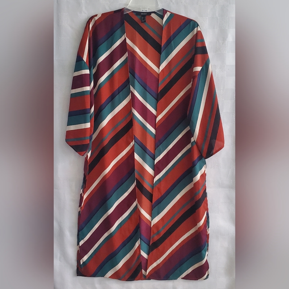 Women's Long Kimono Beach Cover Up Duster Vibrant Diagonal Stripes Open Front M
